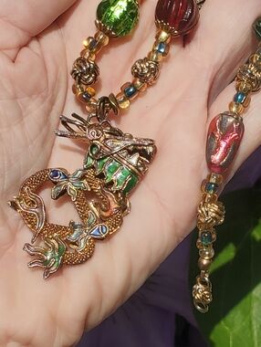 VINTAGE Colorful Multifaceted Beaded Necklace with Large Dragon Pendant 24" L